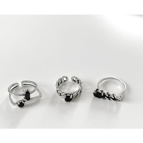 1pc Authentic S925 Sterling Silver Fine Jewelry Roped Twisted Black Agate chain rings Open adjust J419