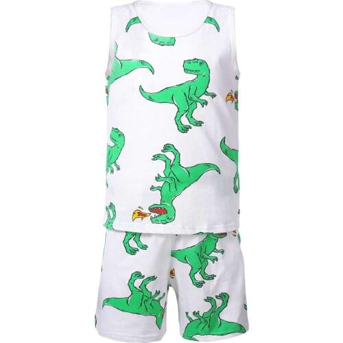 Girls Boys Unisex Sleepwear Set Sleeveless Round Neckline Cartoon Print Top With Elastic Waistband Shorts Kids Casual Clothes