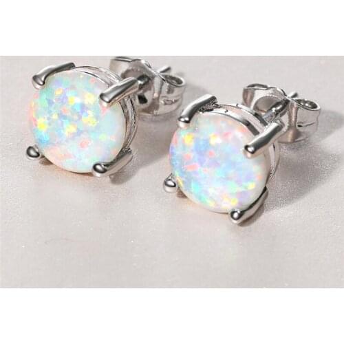 Simple Female White Opal Stone Earring Charm Silver Color Small Stud Earrings Luxury Bride Round Wedding Earrings For Women