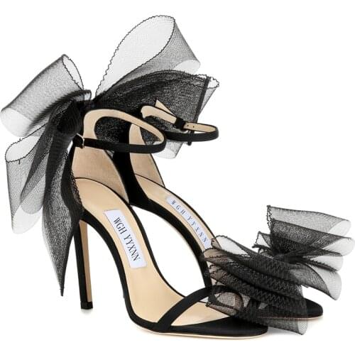 2021 summer new word belt banquet dress stiletto sandals female bow knot wild black and white large size bridal wedding shoes