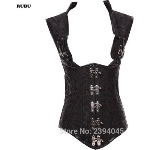 Sexy Black Brocade Top Waist Trainer Vest Corset Gothic Waist Steel Boned Steampunk S-6XL