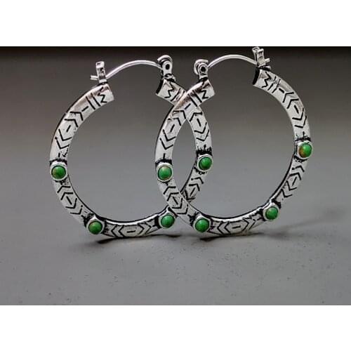 New Boho Turquoises Beads Hoop Earrings Tribal Ethnic Large Round Etched Antique Silver Color Green Stone Earrings