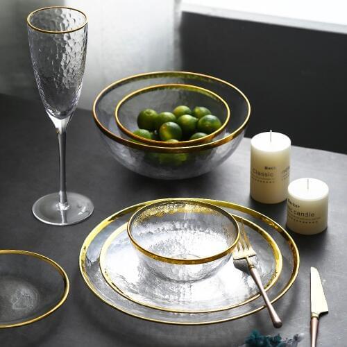 Clear Glass Gold Stroke Tableware Charger Plate Transparent Glass Dinner Cake Food Dessert Plate Bowl Set Table Wholesale Bulk