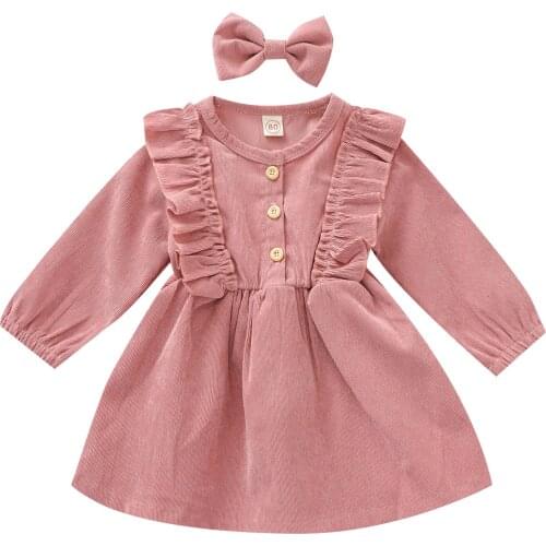 Spring Baby Girl Corduroy Dress High-Waist Long Sleeve Round Collar Ruffle Buttons Princess Pleated Dreses Headband