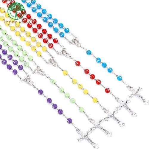 Vintage 8mm Acrylic Bead Rosary Cross Pendant Necklace Virgin Mary Centrepieces Christian Catholic Religious Jewelry Gift