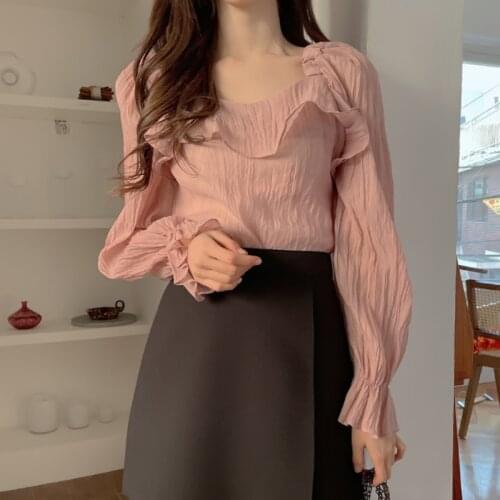 2021 Summer New Fashion Pleated Puff Sleeve Blouse Women O Neck Lace Up Clothing Solid Color Casual Vintage Female Shirts 13865