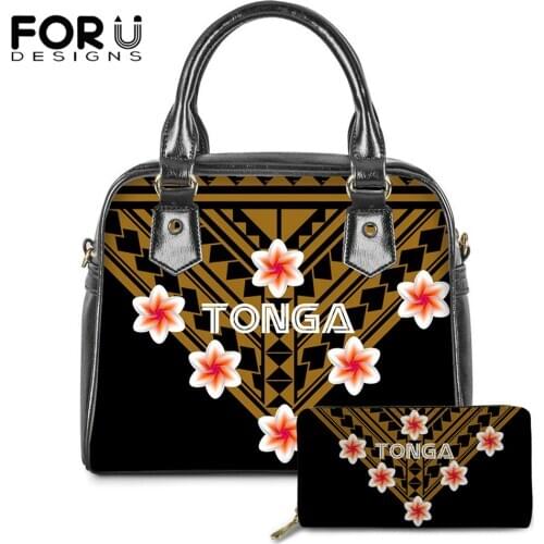 FOURDESIGNS Brand Designer 2set Women Fashion PU Handbag Tonga Polynesian Tattoo Hawaii Hibiscus Print Large Tote Bag Long Purse
