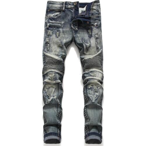 Hot Sale Ripped Jeans Stitching Patch Mens Straight Leg Pants Stretch Motorcycle Denim Pants Autumn Sale Price