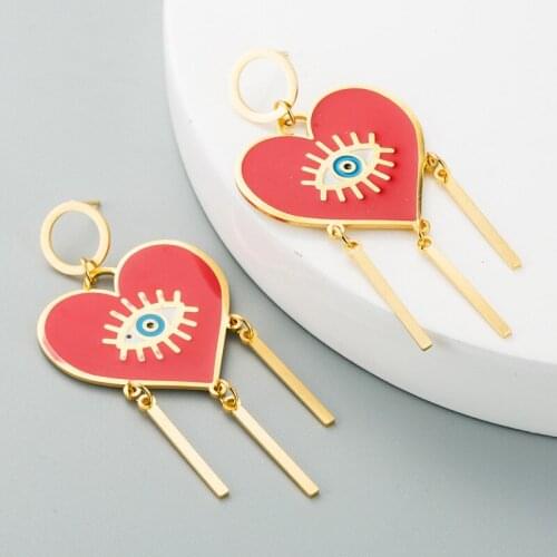 Jouval Za Fashion Red Heart Evil Eye Drop Earrings For Women Female Punk Gold Long Tassel Hanging Dangle Earring Jewelry Brincos