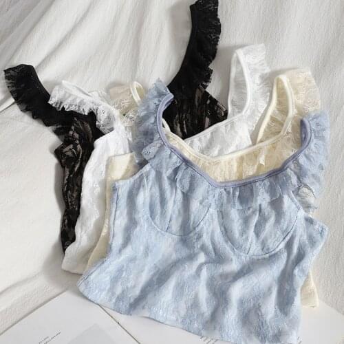 Vintage Lace Ruffles Crop Tops for Women 2021 Summer Slim Elegant Temperament Tank Tops French Solid Sexy Backless Street