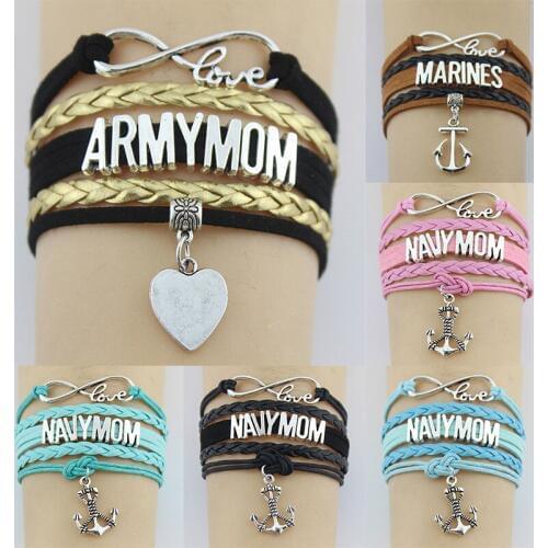 10PC/Lot Infinity Love Army/Navy Mom Marines Heart Anchor Charm Wrap Bracelet Leather Custom Gifts Women & Men Bracelets Jewelry