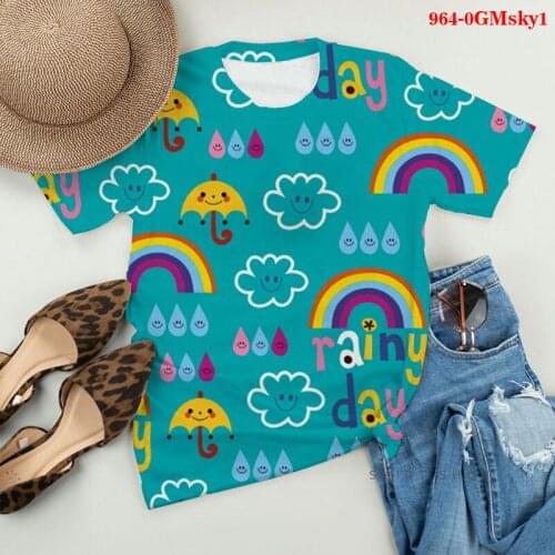 2021 Summer Women Clothing Fashion 3D T-shirt Blue Sky White Cloud Sky Rainbow Print Girls T Shirt Cool Tshirts Mujer Camisetas