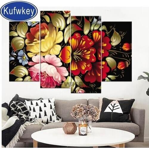 5d diy diamond Painting full square drill color peony 3d picture of rhinestone embroidery diamond mosaic 4pcs/set