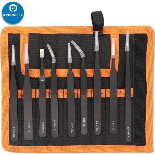 9Pcs Anti-static ESD Stainless Steel Tweezers for iPhone Repair Industrial Precision Straight Curved Tweezers Maintenance Tools