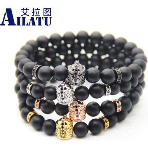 Ailatu Wholesale Bracelets by 8mm Real Matte Onyx Stone with Micro Pave Black CZ Stoppers Beads Double-Face Spartan Helmet