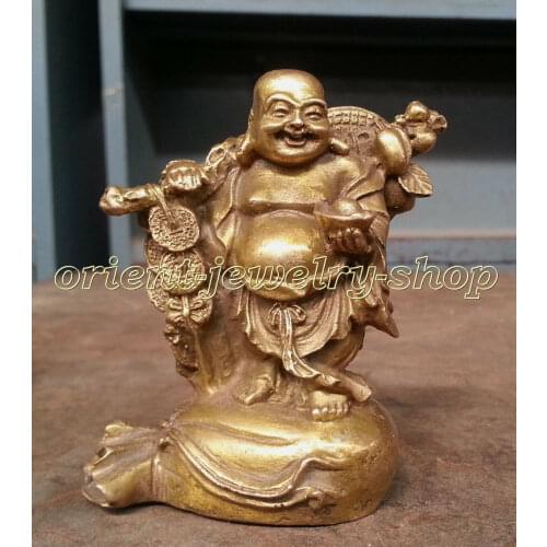 Buddhism Pure Brass Stand bag Happy Laugh Maitreya Buddha Statue