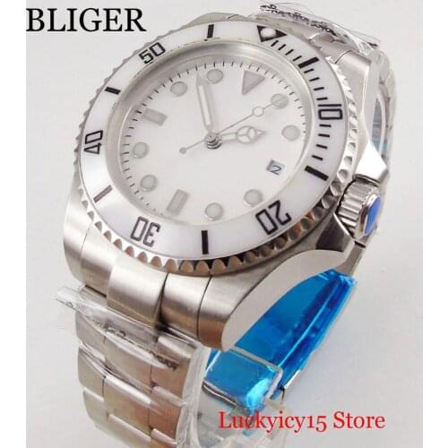 Mechanical Self Winding 44mm Men Watch White Nologo Dial Ceramic Bezel MIYOTA Movement Date Window SS Bracelet