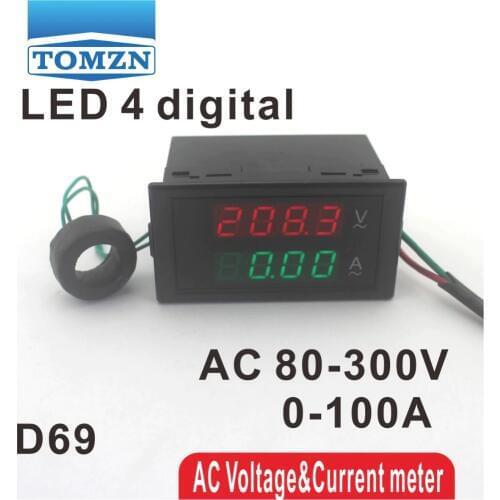 Dual LED 4 digital D69 display Voltage and current meter panel voltmeter ammeter range AC 80-300V 0.00-100.0A