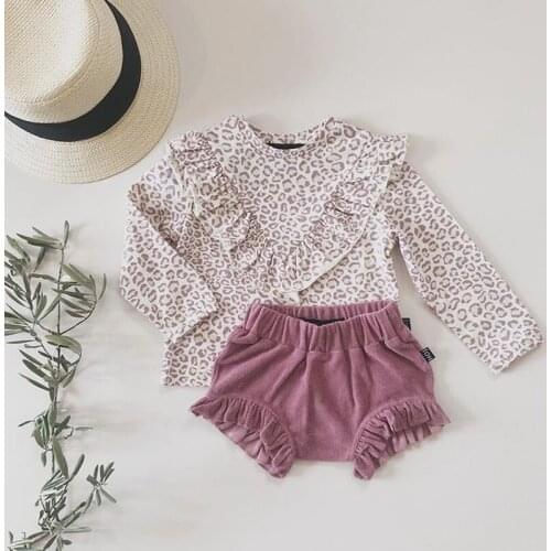 FOCUSNORM 0-24M Autumn Lovely Baby Girls Clothes Sets Leopard Printed Ruffles Long Sleeve Pullover T Shirts Solid Shorts