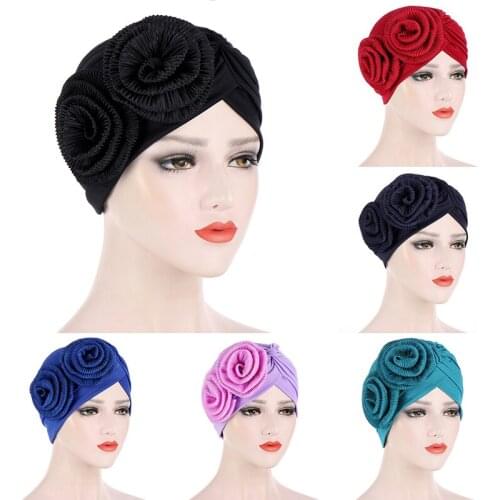 Big Flower Muslim Hat Solid Color Elastic Indian Cap Fashion Baotou Cross Hat Turban Hat Jersey Hijabs Headband Hair Accessories