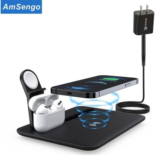 Amsengo 4 in 1 Induction Qi Wireless Charger 15W Fast Charging Holder For iPhone 12 Pro Max for Apple Watch Charger Airpods Pro