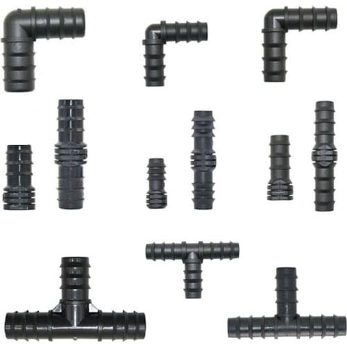 50pcs 16mm 20mm 25mm PE Pipe Tee Elbow Repair End Plug Connectors 1/2 3/4" Garden Water Drip Irrigation Water Pipe Connector