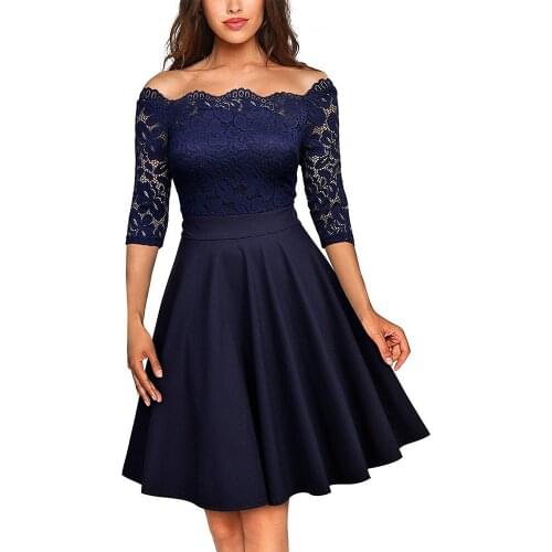 TMWEVN Retro Lace O-Collar Cocktail Women Dress 2020 with 3/4 Sleeve for Party