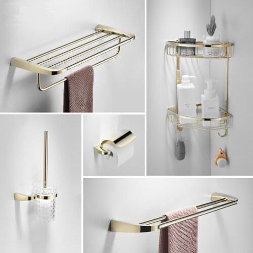 Bath Hardware Set Solid Copper Towel Rack Corner Shelf Paper Holder Toilet Brush Holder Robe Hooks Nail Punched Brushed Gold