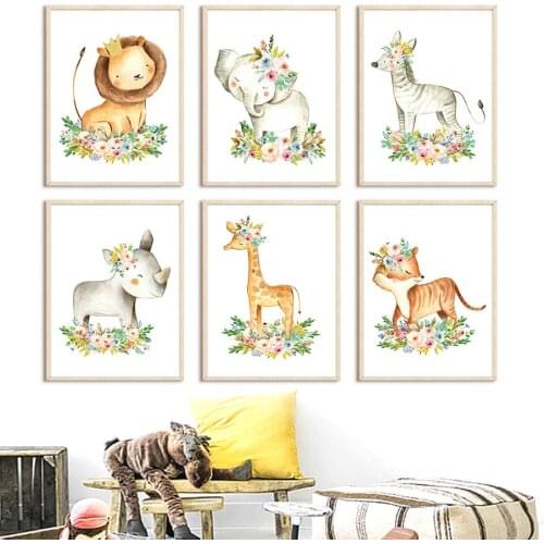 Rhinoceros Elephant Giraffe Lion Flower Nursery Wall Art Canvas Painting Nordic Posters And Prints Wall Pictures Kids Room Decor