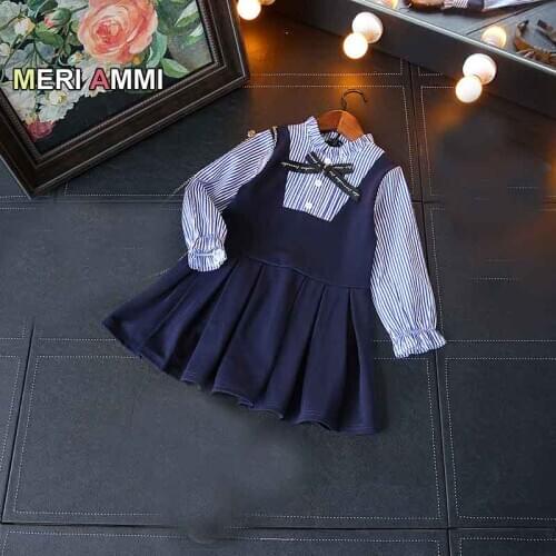 MERI AMMI Children Girl Clothing long Sleeves Striped Autumn Party Dress For 2-9 Year Girl