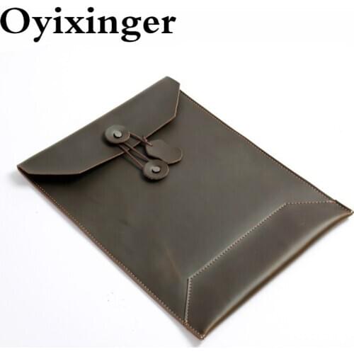 OYIXINGER Mens Laptop Sleeve Crazy Horse Clutch For 13.3 Inch Laptop Genuine Leather A4 File Briefcase Envelope Laptop Bag Male