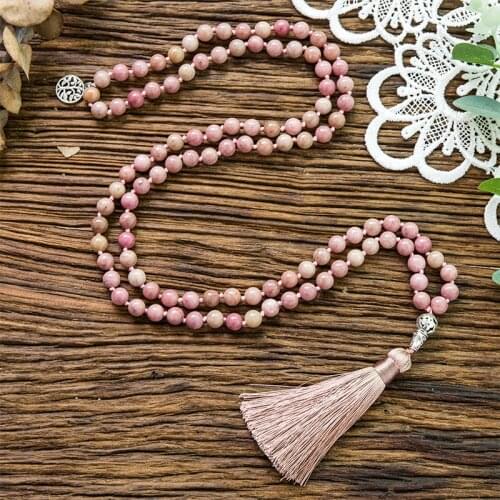 8mm Natural Rhodochrosite Knotted 108 Beads Japa Mala Necklace Meditation Yoga Blessing Health Jewelry Women Charm Pendant