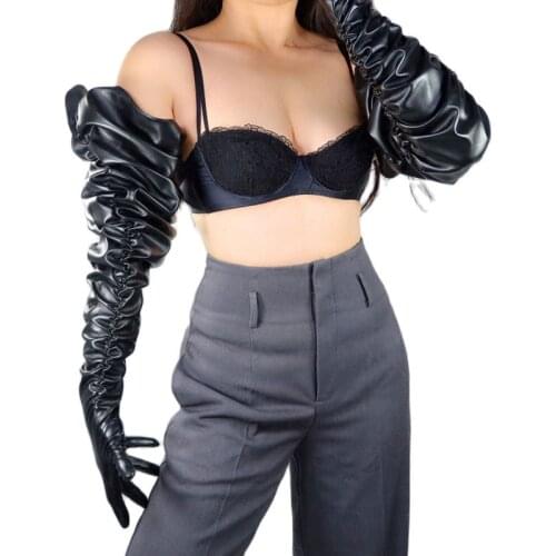 Touchscreen Extra Long Gloves Female 100cm Big Sleeve Loose Pile Up Sleeves Folds Black Faux Leather Women Gloves Man WPU318