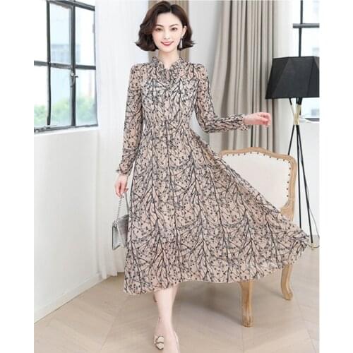 Summer ladies chiffon print dress autumn fashion elegant long-sleeved dress temperament A line retro womens clothing