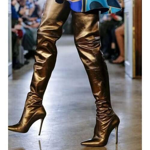 Luxury Brown Leather Runway Boots Pointed Toe High Heels Over The Knee Tight High Boots 2019 Winter Dress Shoes Plus Size 11