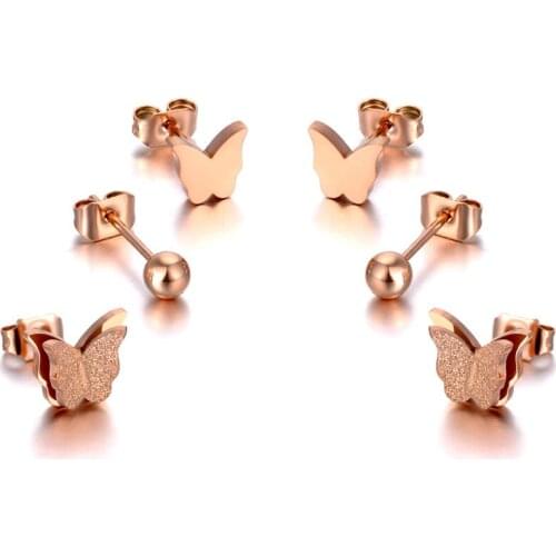 Cute Titanium Stainless Steel Butterfly Rhinestone Earrings Jewelry 3Pair/Set Crystal Earrings For Women Girls E20043
