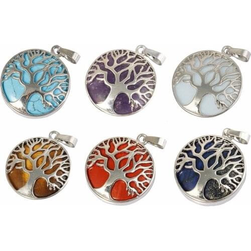 SUNYIK 1Lot (6Pc) Healing Chakra Round Tree of Life Stone Pendant Fit Necklace