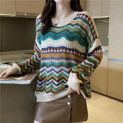 Womens Hit The Color Retro Hollow Knit Sweater Female Thin Casual Loose Harajuku Pullovers Sweater Fashion Outer Jacket Autumn