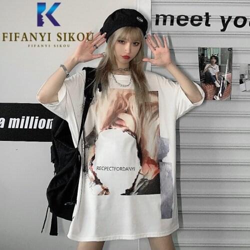 Streetwear Women Summer T-shirt Fashion Graffiti Print T shirt O-Neck Short Sleeve Tees Loose White Tops Harajuku Tshirt Female