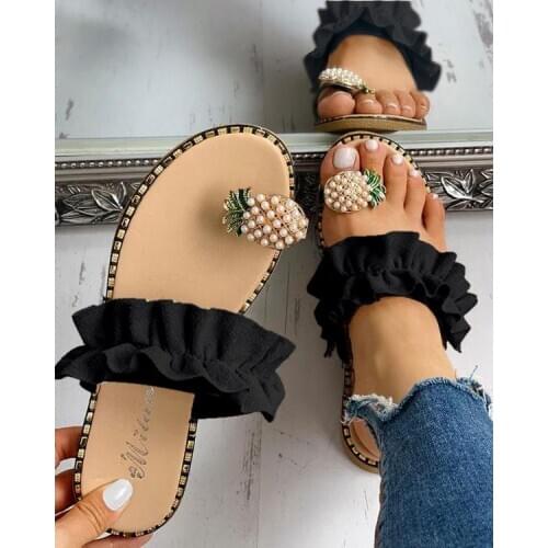Women Slippers Female Outdoor 2020 Handmade Pearl Flat Bottom Toe Pineapple Slippers Fairy Style Plus Size 35-43