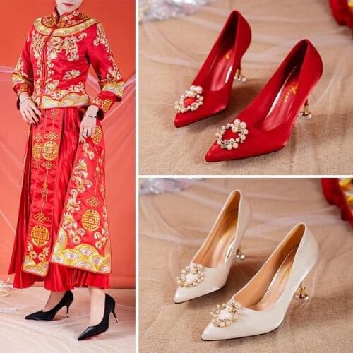 Womens High Heels, Bridal Red Wedding Shoes Decorated with Pearls, Fashionable Stiletto Pumps