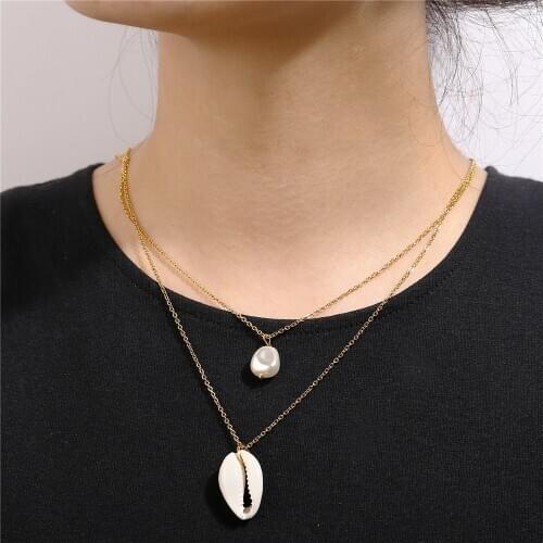 Vintage Fashion Shell artificial pearl Pendant Necklaces For Women Boho Gold Geometric Multilevel Necklace Jewelry Party Gift