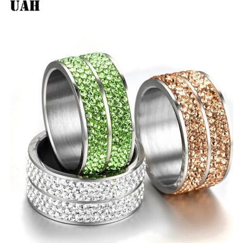 UAH Women Men Wedding Rings for Women Men Fashion Titanium Steel 6 Row Crystal Engagement Gold Silver Lady Male Ring Jewelry