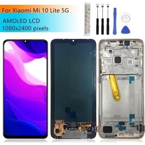 Amoled for Xiaomi Mi 10 Lite 5G lcd display Touch Screen Digitizer assembly +Frame for Mi 10 Lite 5G LCD replacement repair part