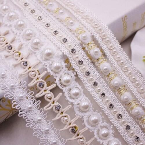 1yards Pearl Beaded Lace Ribbon Lace Trim White Lace Fabric Ribbon Beaded Fringe Lace Applique Materials Clothing Accessories