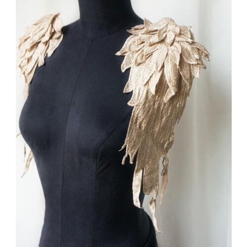 2PCS Khaki Embroidery Angel Wing Applique Sewing Flower Collar Patch For Wedding Party Gown Bridal Dress Clothes DIY Crafts