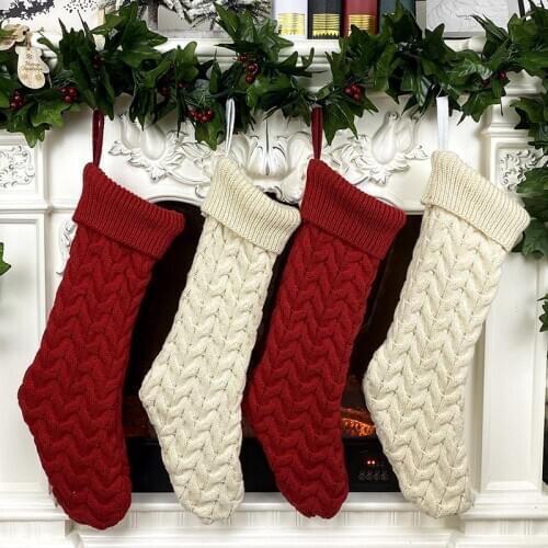 4 Pcs Christmas Stockings Knitted Xmas Stocking Decorations for Family Holiday Season Decor Burgundy and White Wholesale X2