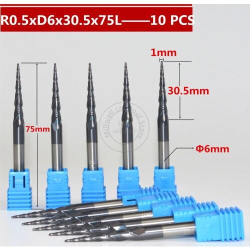 Free shipping-10PCS R0.5*D6*30.5*75L*2F HRC55 Tungsten solid carbide Coated Tapered Ball Nose End Mill taper and cone end mills