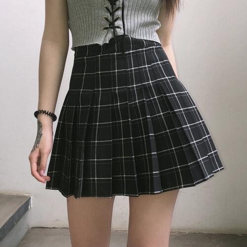 Womens Green Plaid Skirt With Chain Asymmetrical High Waist Pleated Mini Skirt Harajuku School Girl Cool Outfits