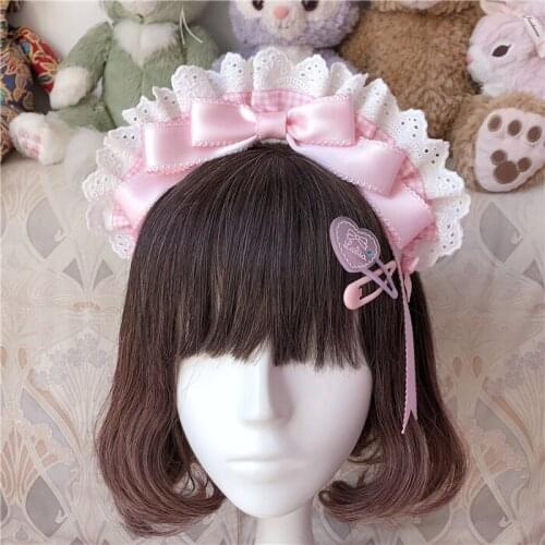 Maid KC Headwear Cosplay Soft Girl Cute Bow Plaid Lace Headband Sweet Lolita Vinatge Handmade Hair Hoop Headdress Accessories